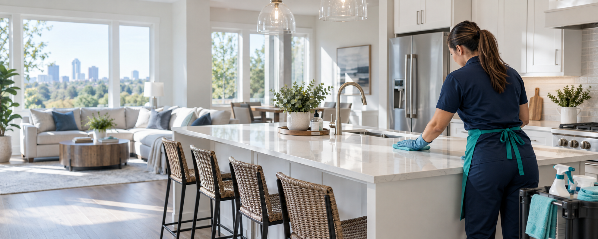 Professional cleaner wiping a bright modern kitchen